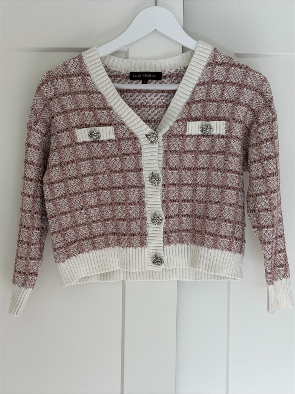 Love Republic White Pink Silver Plaid Cardigan Jewel Buttons XS - Picture 4 of 9